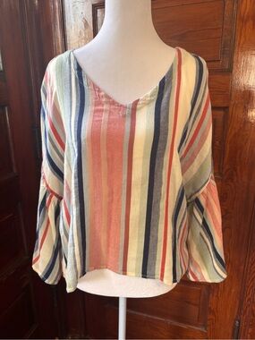 Susina Striped V-Neck Bell Sleeve Top flowy boho size small